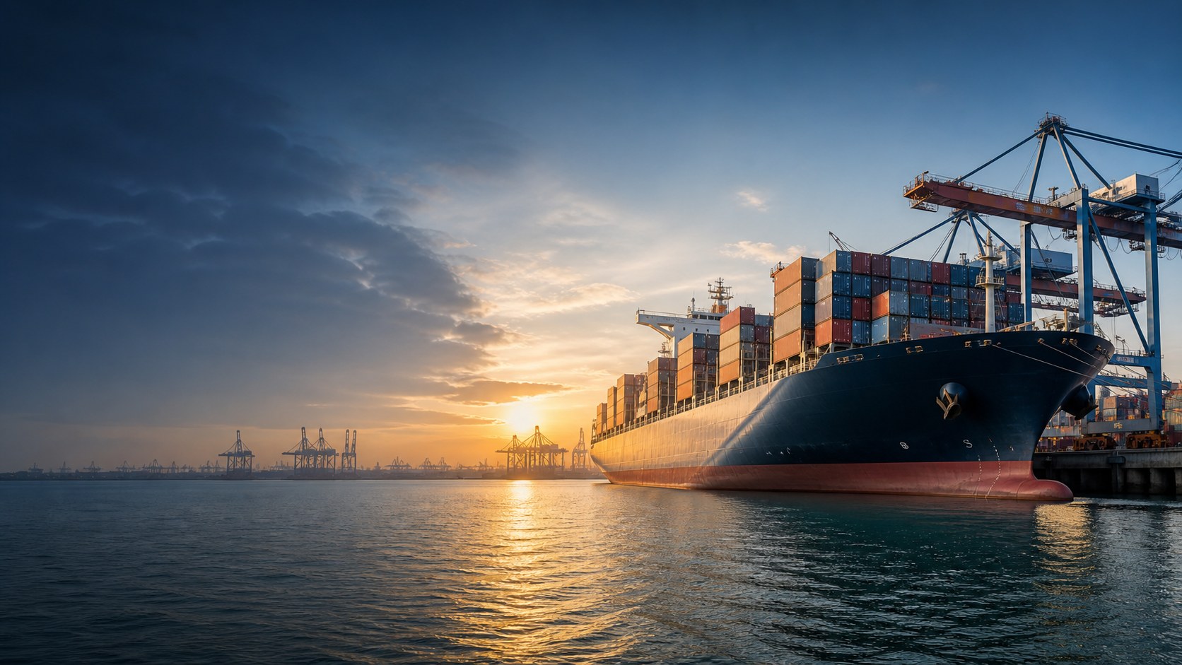 Unbranded container ship at a modern port during sunrise