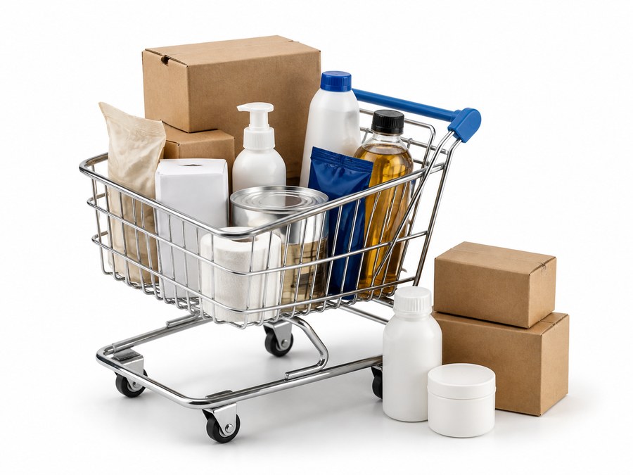 Consumer goods in a retail cart
